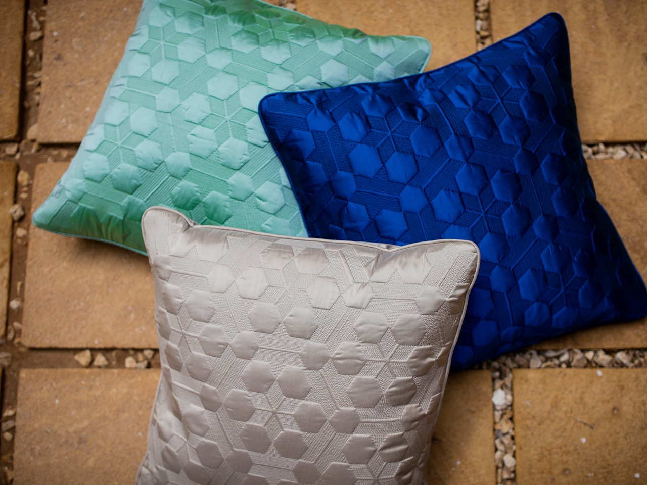 Silk embroidered cushions with traditional Jeddah patterns